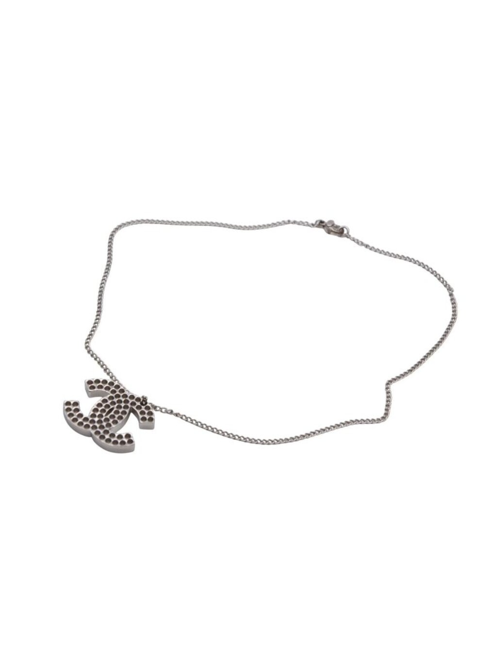 Chanel CC Logo Perforated Necklace Metal Silver